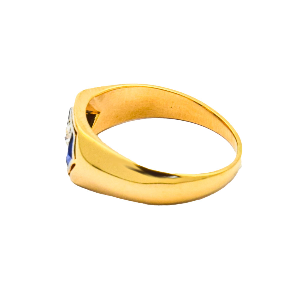 Ring aus 585 Gelb- und Weißgold mit synth. Stein und Diamant, nachhaltiger second hand Schmuck perfekt aufgearbeitet