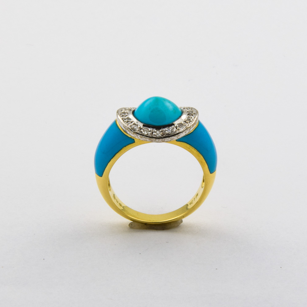 Ring aus 750 Gelb- und Weißgold mit Türkis und Diamant, nachhaltiger second hand Schmuck perfekt aufgearbeitet