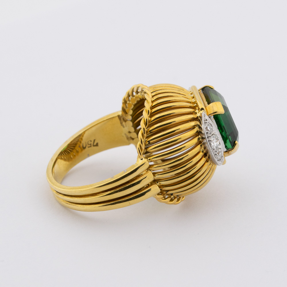 Ring aus 750 Gelb- und Weißgold mit Turmalin, Brillant und Diamant, hochwertiger second hand Schmuck perfekt aufgearbeitet