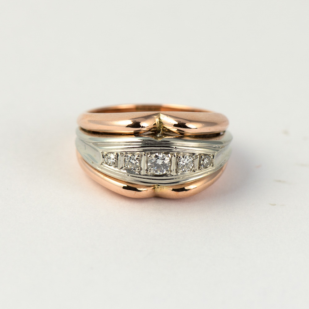 Ring aus 585 Rot- und Weißgold mit Brillant und Diamant, hochwertiger second hand Schmuck perfekt aufgearbeitet