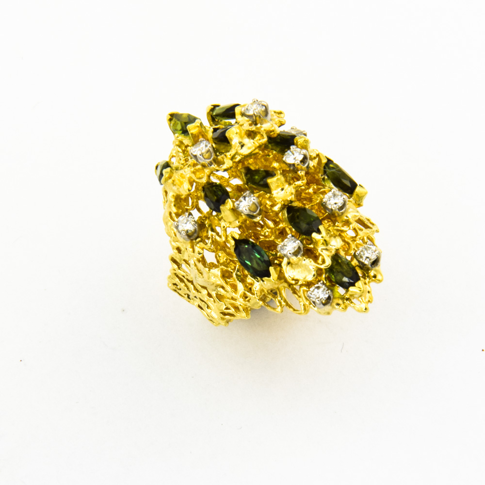 Ring Terraco aus 750 Gelb- und Weißgold mit Turmalin und Brillant, nachhaltiger second hand Schmuck perfekt aufgearbeitet