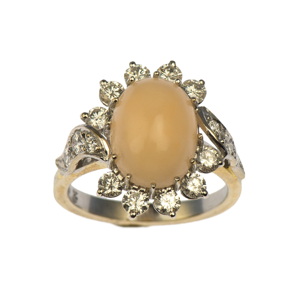 Ring aus 585 Weißgold mit Koralle und Brillant, hochwertiger second hand Schmuck perfekt aufgearbeitet