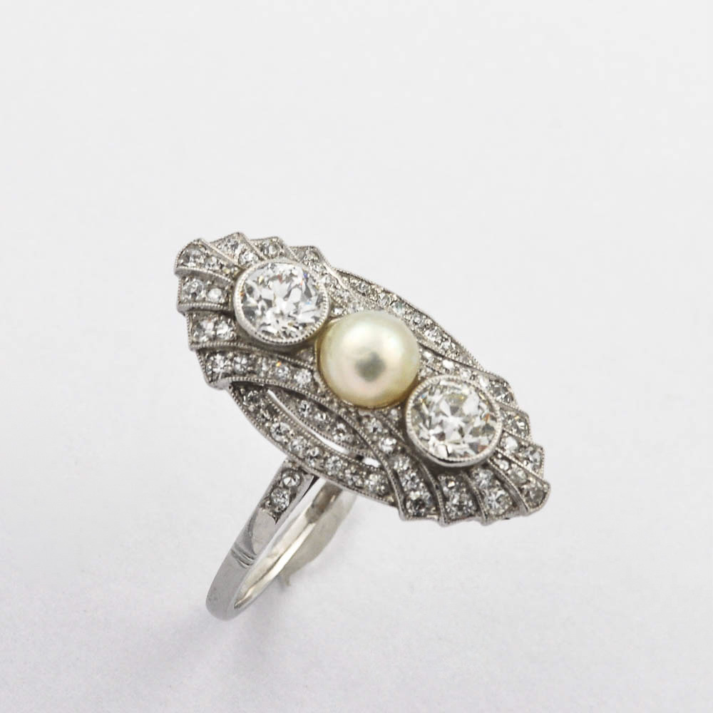 Ring aus 585 Weißgold mit Perle, Brillant und Diamant, hochwertiger second hand Schmuck perfekt aufgearbeitet