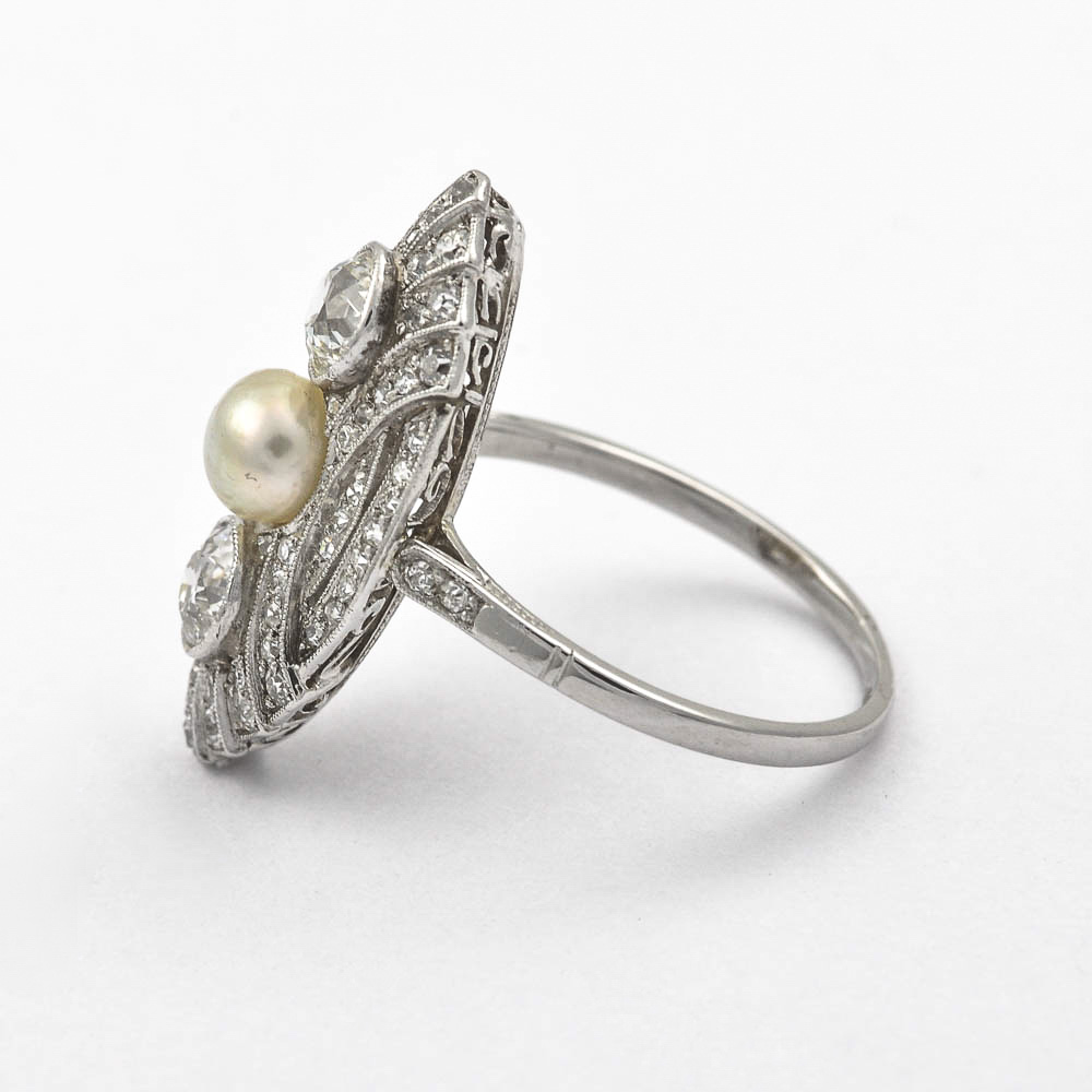 Ring aus 585 Weißgold mit Perle, Brillant und Diamant, hochwertiger second hand Schmuck perfekt aufgearbeitet