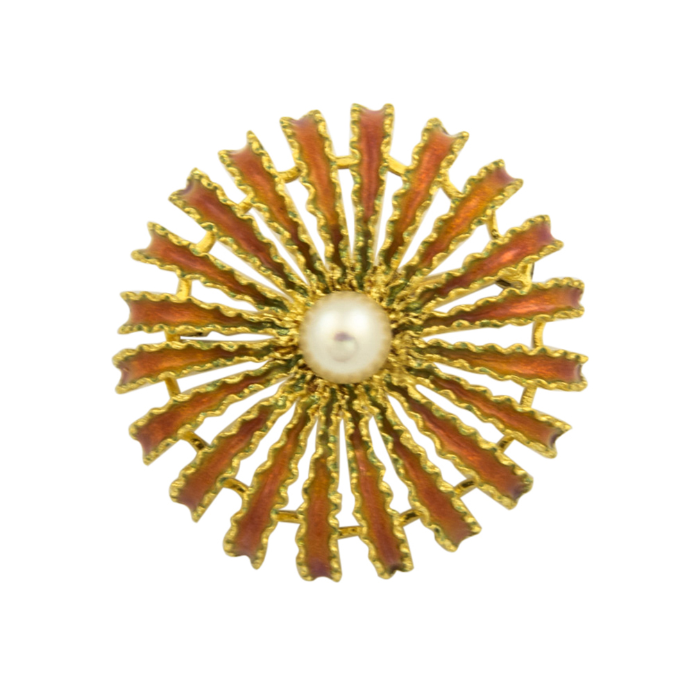 Brosche aus 750 Gelbgold mit Perle, hochwertiger second hand Schmuck perfekt aufgearbeitet