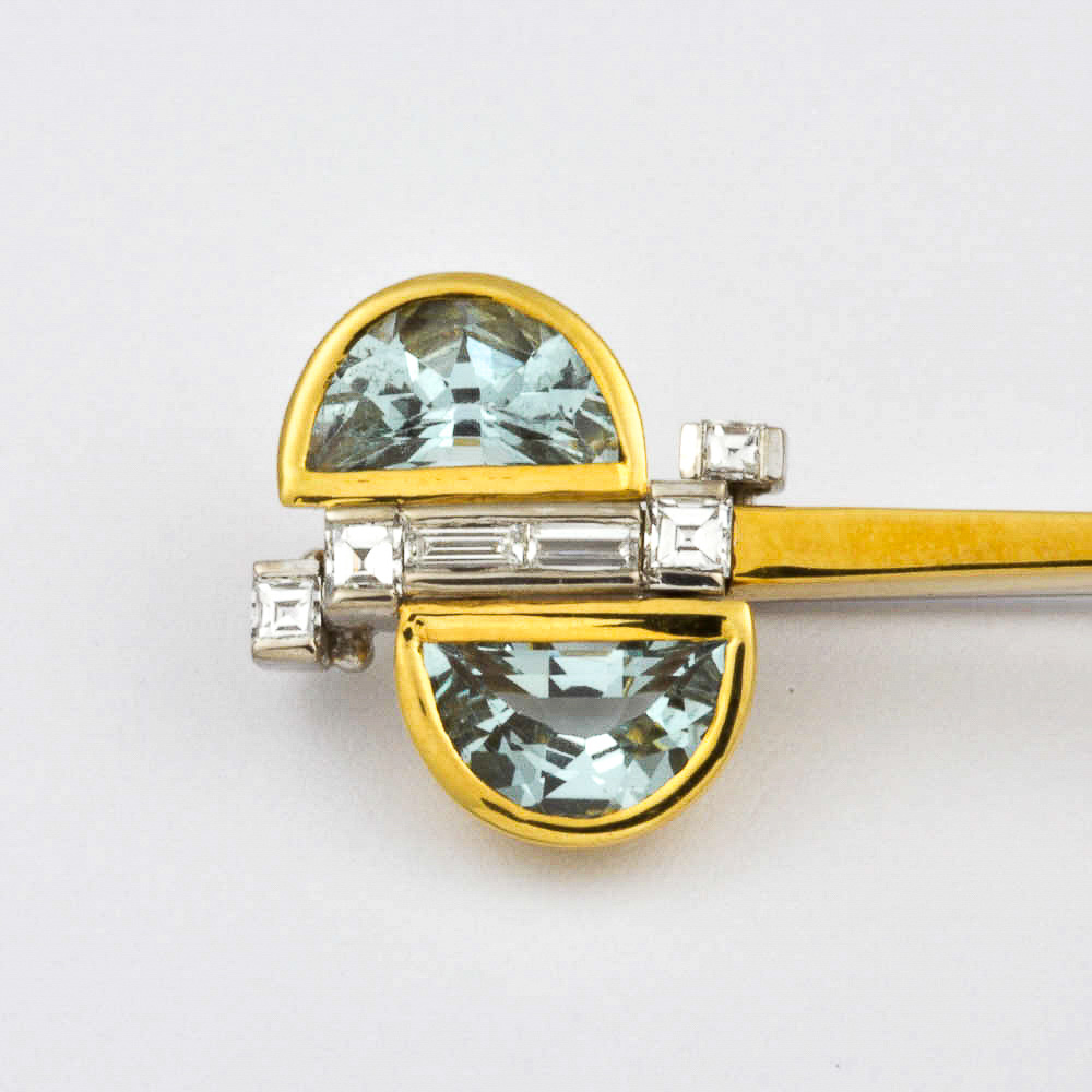 Brosche aus 750 Gelb- und Weißgold mit Aquamarin und Diamant, hochwertiger second hand Schmuck perfekt aufgearbeitet