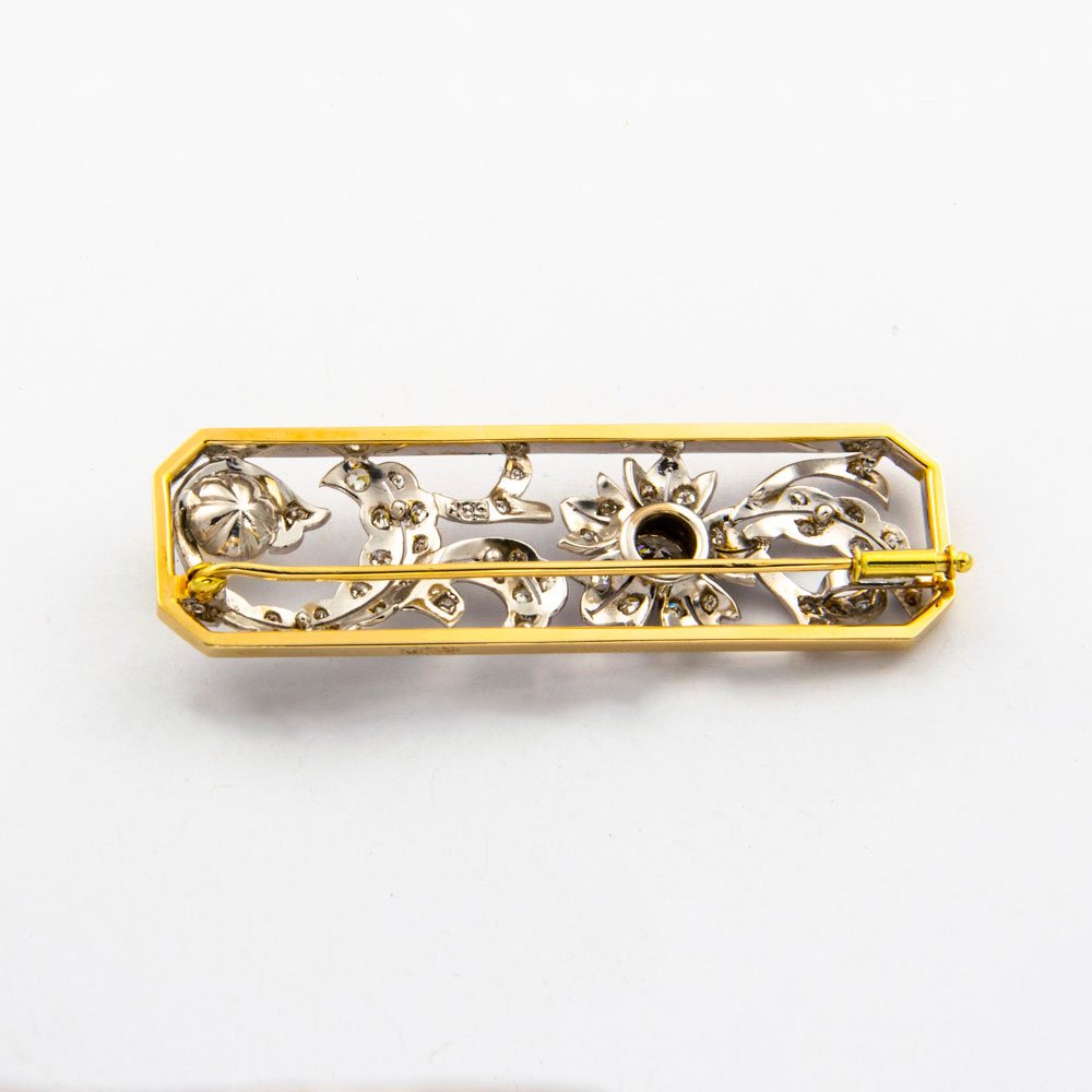 Brosche aus 585 Gelb- und Weißgold mit Perle, Brillant und Diamant, nachhaltiger second hand Schmuck perfekt aufgearbeitet
