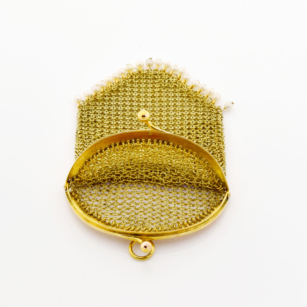 Geldbörse aus 585 Gelbgold mit Perle, nachhaltiger second hand Schmuck perfekt aufgearbeitet