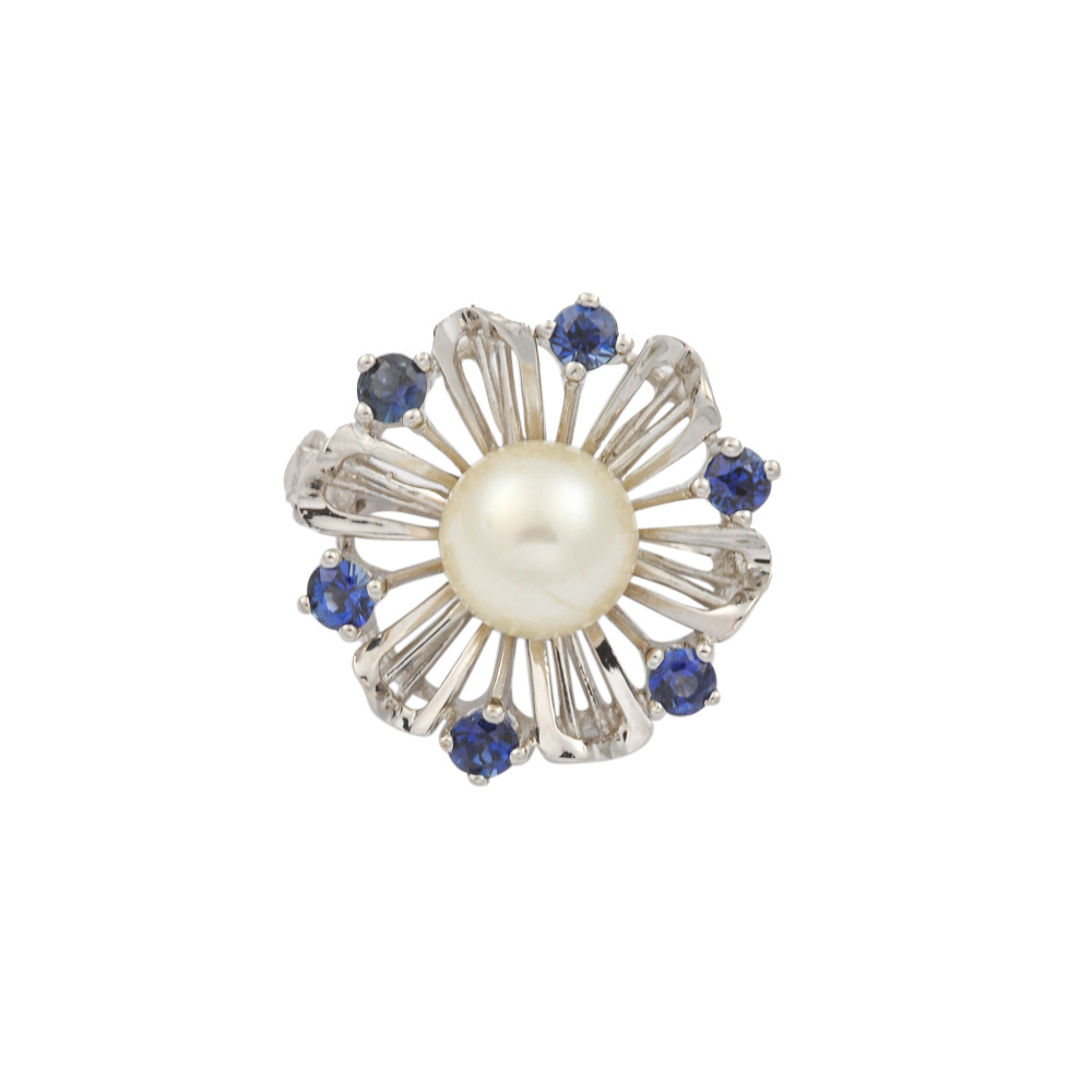 Perlenkettenverkürzer aus 585 Weißgold mit Perle und Saphir, hochwertiger second hand Schmuck perfekt aufgearbeitet