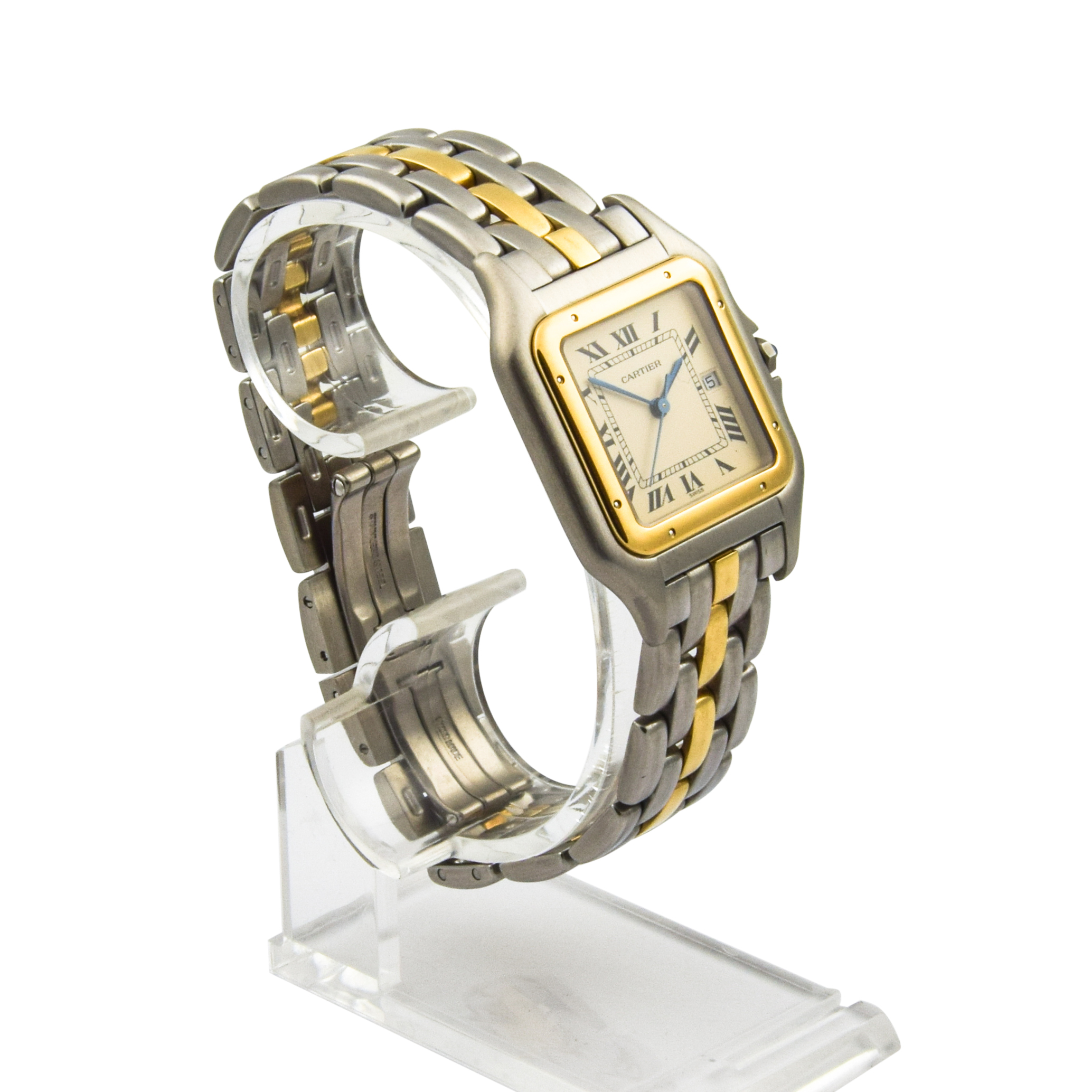 Cartier Armbanduhr Panthere Quarzwerk mit Datumsanzeige und Zentralsekunde, gebrauchte Luxusuhr im Top-Zustand