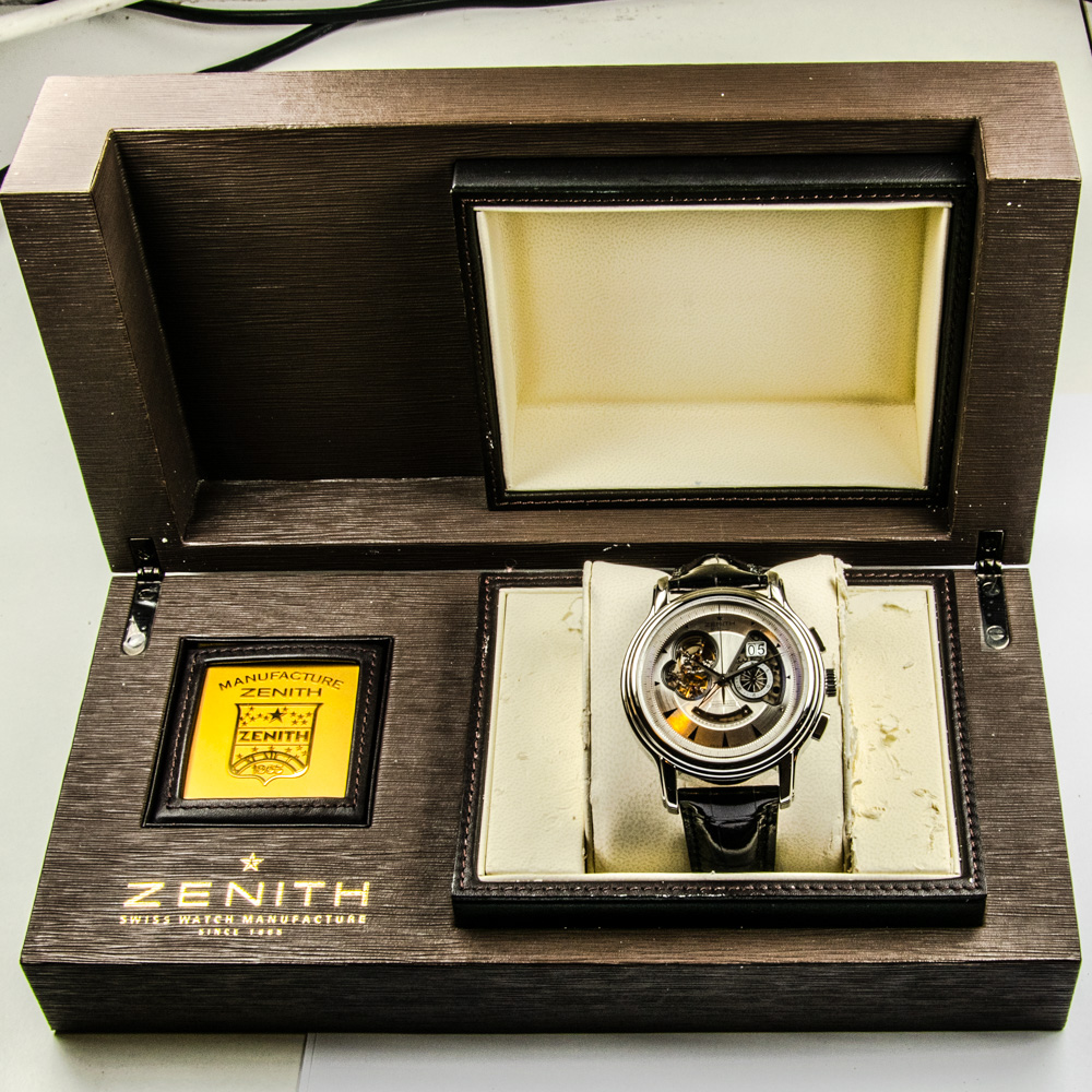 Zenith El Primero Open Automatik mit Chronograph, Panoramadatum , Sichtboden, Kleine Sekunde und Gangreserveanzeige, gebrauchte Luxusuhr im Top-Zustand