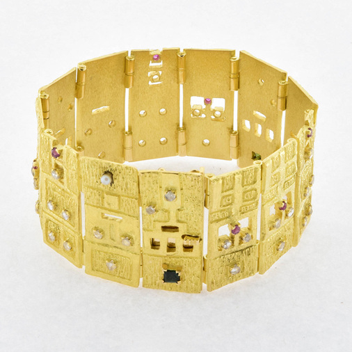 A. Frühauf Armband aus 750 Gelbgold mit Turmalin, Rubin und Diamant, nachhaltiger second hand Schmuck perfekt aufgearbeitet