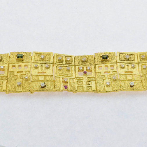 A. Frühauf Armband aus 750 Gelbgold mit Turmalin, Rubin und Diamant, nachhaltiger second hand Schmuck perfekt aufgearbeitet