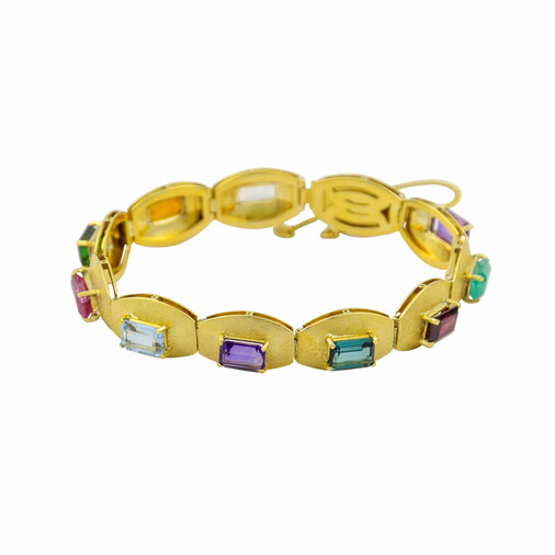 Armband aus 750 Gelbgold mit Smaragd, Aquamarin und Citrin, nachhaltiger second hand Schmuck perfekt aufgearbeitet