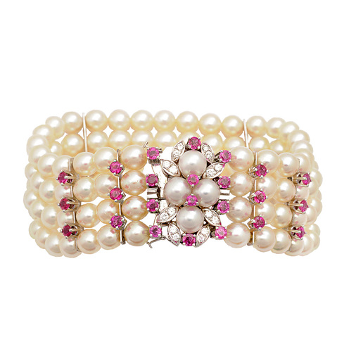 Armband aus 750 Weißgold mit Perle, Diamant und Rubin, hochwertiger second hand Schmuck perfekt aufgearbeitet