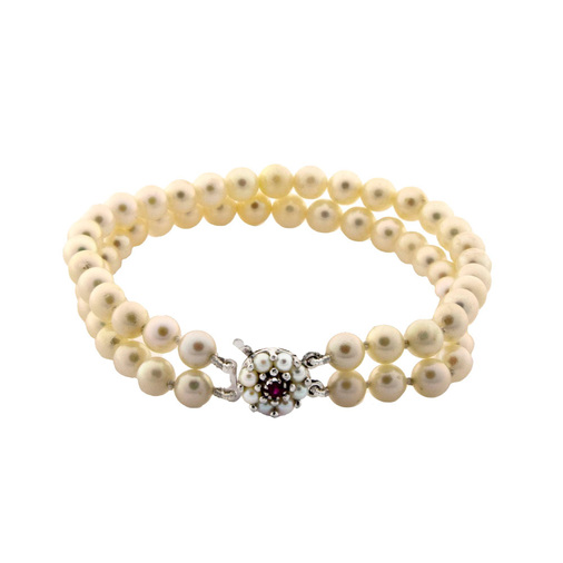 Perlenarmband mit Schließe aus 585 Weißgold mit Perle und Rubin, nachhaltiger second hand Schmuck perfekt aufgearbeitet