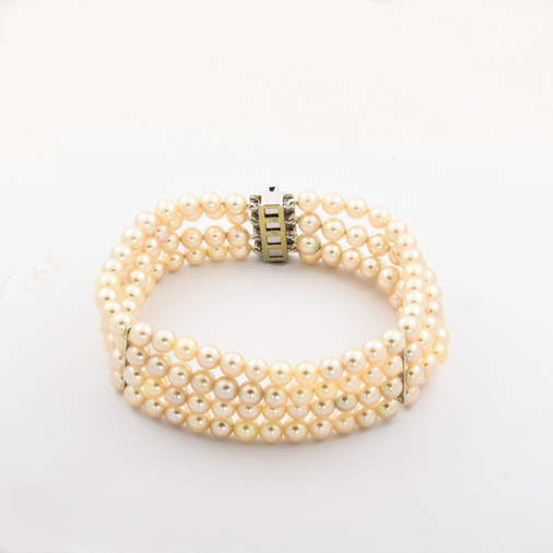 Perlenarmband aus 585 Weißgold mit Rubin und Brillant, nachhaltiger second hand Schmuck perfekt aufgearbeitet