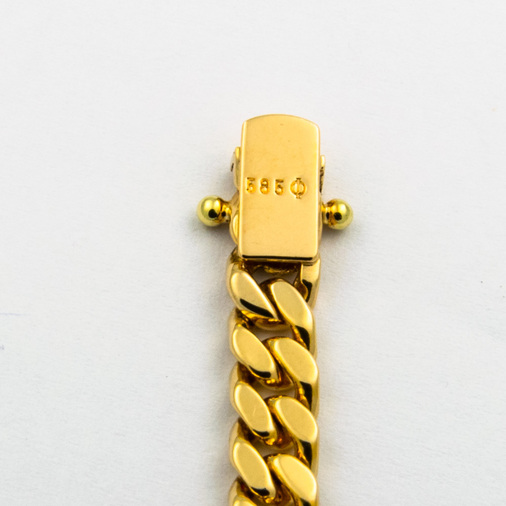 Flachpanzerarmband aus 585 Gelbgold mit Aquamarin, nachhaltiger second hand Schmuck perfekt aufgearbeitet