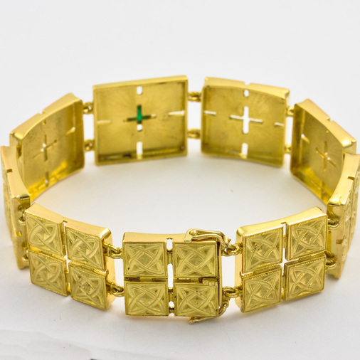 Gliederarmband aus 750 Gelbgold mit Smaragd, hochwertiger second hand Schmuck perfekt aufgearbeitet