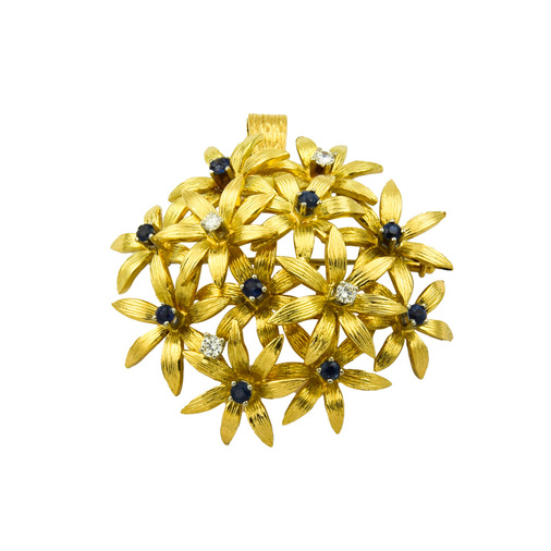 Anhänger/Brosche Blumen aus 750 Gelb- und Weißgold mit Saphir und Brillant, nachhaltiger second hand Schmuck perfekt aufgearbeitet