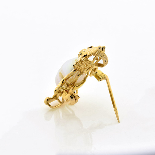 Anhänger/Brosche Harlekin aus 585 Gelbgold mit Perle und Diamant, nachhaltiger second hand Schmuck perfekt aufgearbeitet