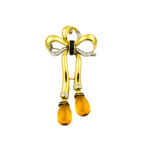 Anhänger/Brosche Schleife aus 750 Gelb- und Weißgold mit Citrin und Brillant, nachhaltiger second hand Schmuck perfekt aufgearbeitet