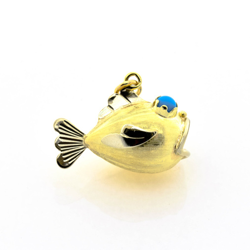 Anhänger Fisch aus 585 Gelb- und Weißgold mit Türkis, nachhaltiger second hand Schmuck perfekt aufgearbeitet