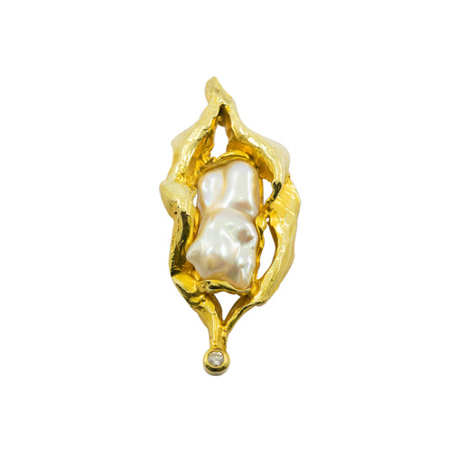 Kettenanhänger aus 585 Gelbgold mit Perle und Brillant, hochwertiger second hand Schmuck perfekt aufgearbeitet