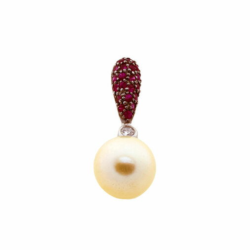 Perlenanhänger aus 585 Weißgold mit Rubin und Brillant, nachhaltiger second hand Schmuck perfekt aufgearbeitet