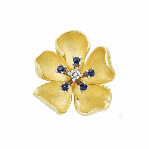 Saphiranhänger Blüte aus 750 Gelb- und Weißgold mit Brillant, nachhaltiger second hand Schmuck perfekt aufgearbeitet