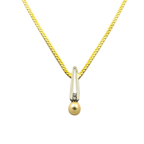 Collier aus 750 Gelb- und Weißgold mit Perle und Brillant, nachhaltiger second hand Schmuck perfekt aufgearbeitet