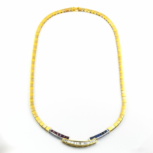 Saphircollier aus 750 Gelb- und Weißgold mit Rubin und Diamant, nachhaltiger second hand Schmuck perfekt aufgearbeitet