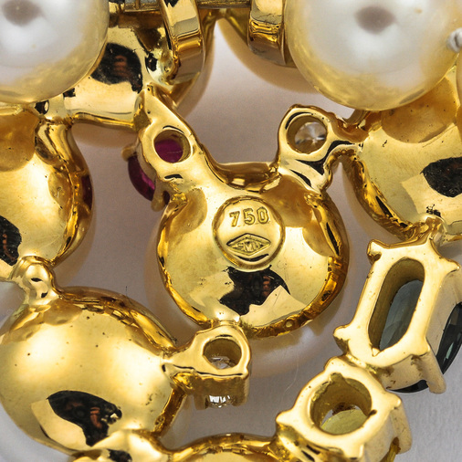 Collier aus 750 Gelbgold mit Perle, Brillant und Saphir, hochwertiger second hand Schmuck perfekt aufgearbeitet