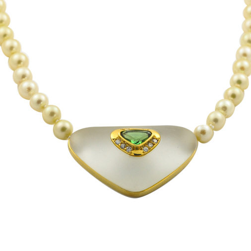 Perlenkette mit Schließe aus 585 Gelbgold, Bergkristall, Turmalin und Brillant, 44 cm, hochwertiger second hand Schmuck perfekt aufgearbeitet