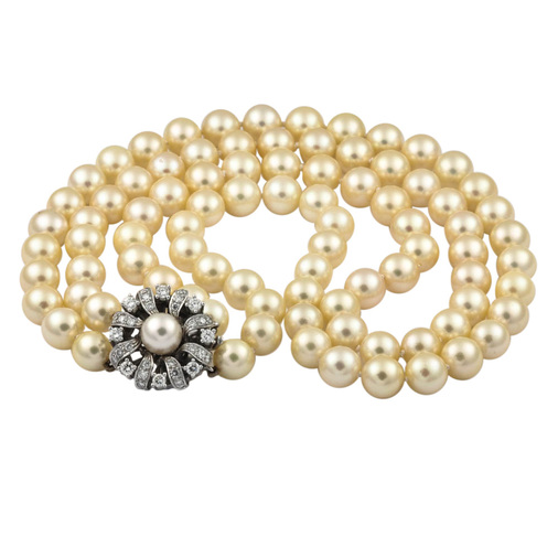 Perlenkette mit Schließe aus 750 Weißgold mit Brillanten, 39,5 cm, hochwertiger second hand Schmuck perfekt aufgearbeitet