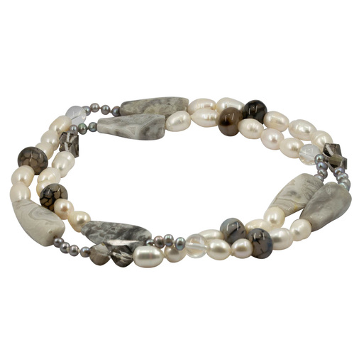Halskette mit Perle, Achat und Bergkristall, 86 cm, hochwertiger second hand Schmuck perfekt aufgearbeitet