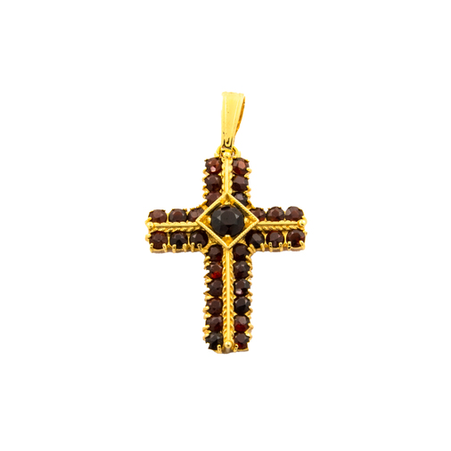 Kreuzanhänger aus 750 Gelbgold mit Granat, nachhaltiger second hand Schmuck perfekt aufgearbeitet