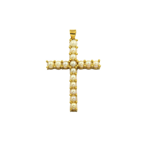 Kreuzanhänger aus 750 Gelbgold mit Perle, nachhaltiger second hand Schmuck perfekt aufgearbeitet