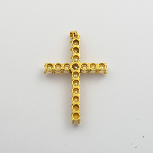 Kreuzanhänger aus 750 Gelbgold mit Perle, nachhaltiger second hand Schmuck perfekt aufgearbeitet