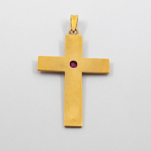 Kreuzanhänger aus 585 Gelbgold mit Rubin und Diamant, hochwertiger second hand Schmuck perfekt aufgearbeitet