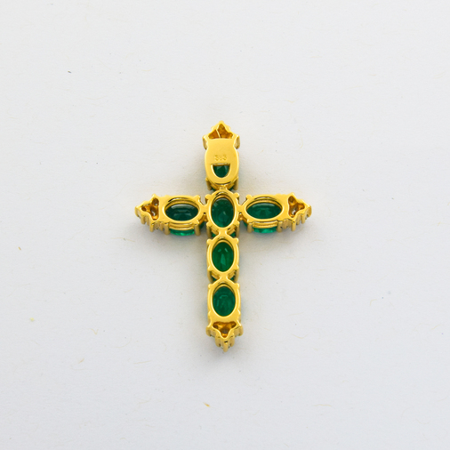 Kreuzanhänger aus 585 Gelb- und Weißgold mit Smaragd und Brillant, nachhaltiger second hand Schmuck perfekt aufgearbeitet