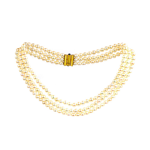 Perlenkette mit Schließe aus 900 Gelbgold mit  Saphir, 42 cm, hochwertiger second hand Schmuck perfekt aufgearbeitet