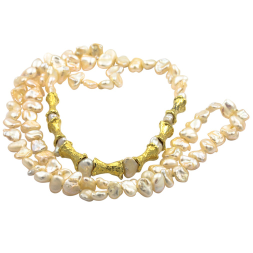 Perlenkette mit Zwischenteilen aus 585 Gelbgold, 82 cm, hochwertiger second hand Schmuck perfekt aufgearbeitet