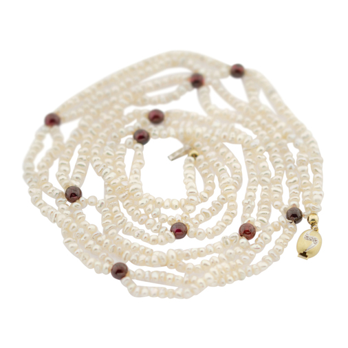 Perlenkette mit Granat und Schließe aus Gelb- und Weißgold mit Diamant, nachhaltiger second hand Schmuck perfekt aufgearbeitet