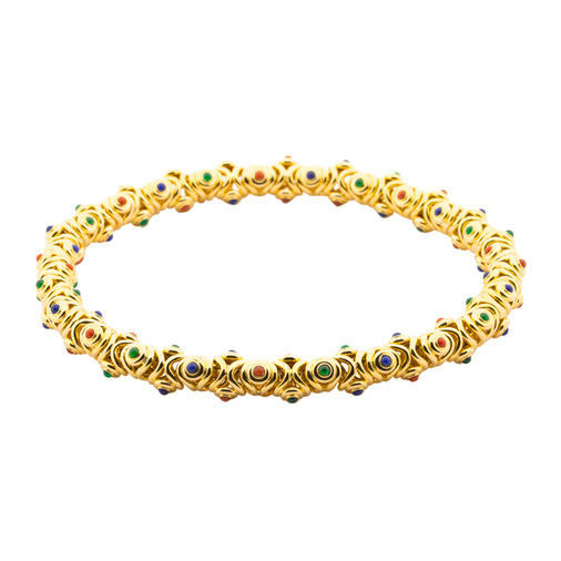 Tabbah Collier aus 750 Gelbgold mit Koralle, Lapislazuli und Achat, hochwertiger second hand Schmuck perfekt aufgearbeitet