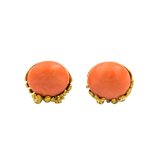 Ohrclips aus 750 Gelbgold mit Diamant und Koralle, hochwertiger second hand Schmuck perfekt aufgearbeitet