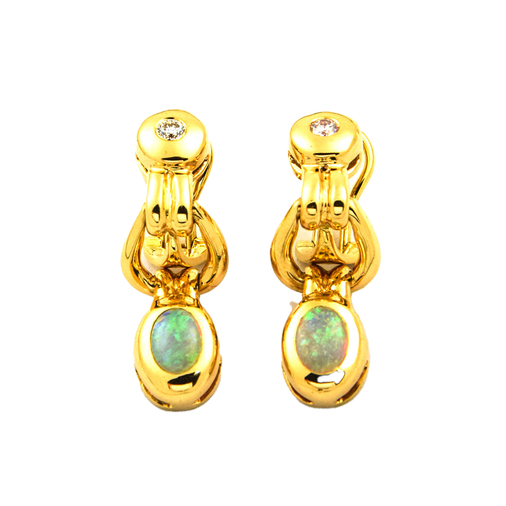 Ohrclips aus 750 Gelbgold mit Opal und Diamant, nachhaltiger second hand Schmuck perfekt aufgearbeitet