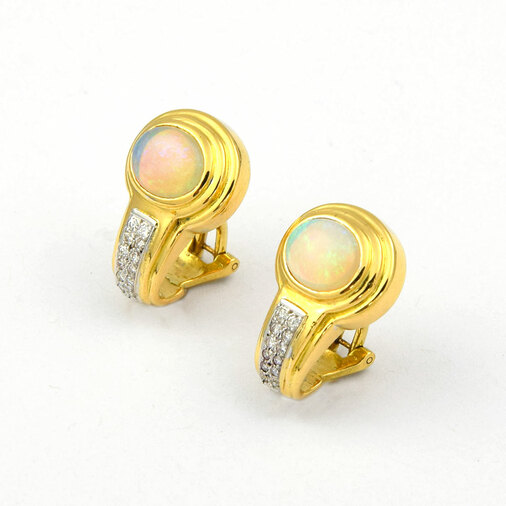 Ohrclips aus 750 Gelb- und Weißgold mit Opal und Diamant, nachhaltiger second hand Schmuck perfekt aufgearbeitet