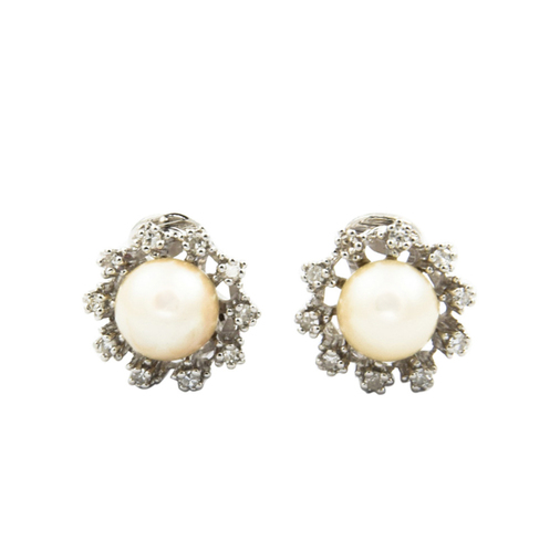 Ohrclips aus 585 Weißgold mit Perle und Diamant, nachhaltiger second hand Schmuck perfekt aufgearbeitet