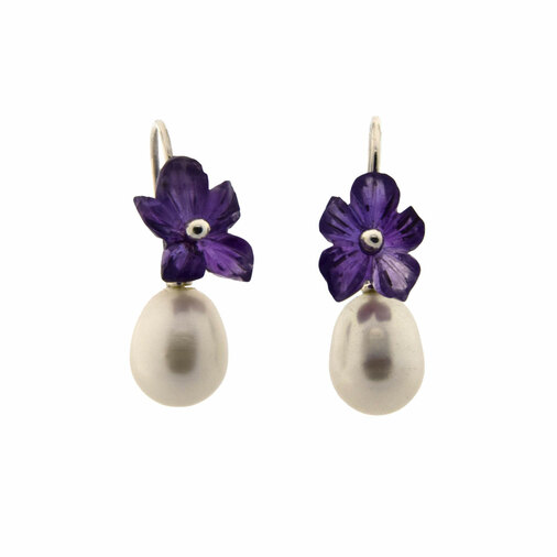Perlenohrhänger Blüten aus 925 Silber mit Amethyst, nachhaltiger second hand Schmuck perfekt aufgearbeitet